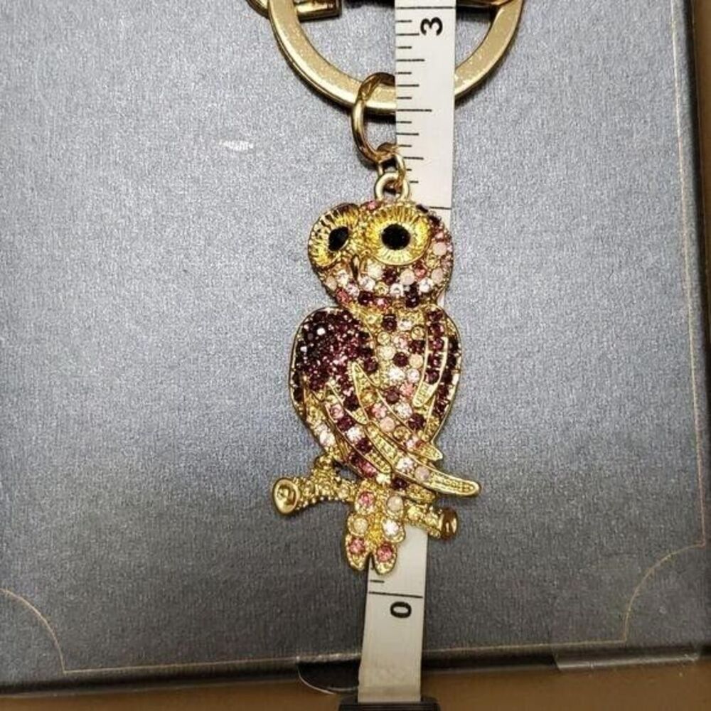 Monet gold tone rhinestone owl key fob pink burgundy - Picture 5 of 7